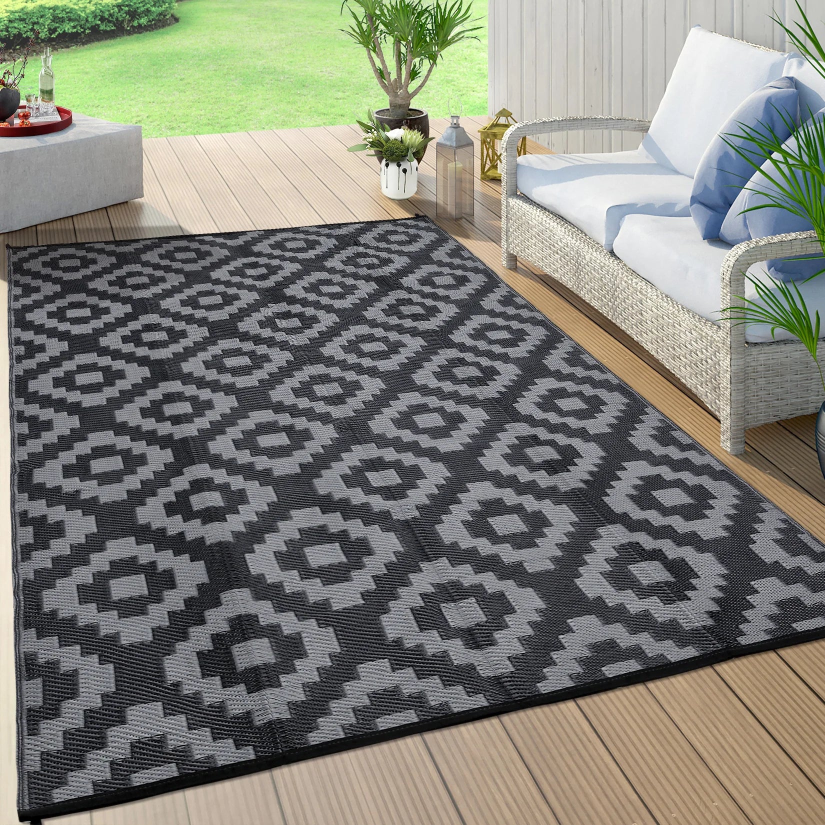 Navak Teppich, Outdoor-Teppich, Kunststoff-Strohteppich, moderner geometrischer wasserdichter Teppich, wendbare Outdoor-Bodenmatte für Terrasse, Veranda, Hinterhof, Picknick, Campi