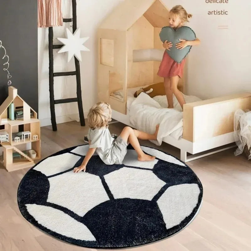 Navak Teppich, 100 x 100 cm, schwarzer Fußball, weicher Plüschteppich, rund, rutschfest, für Kinderzimmer, Schlafzimmer, Spielzimmer, waschbar, Krabbelmatte für Kinder