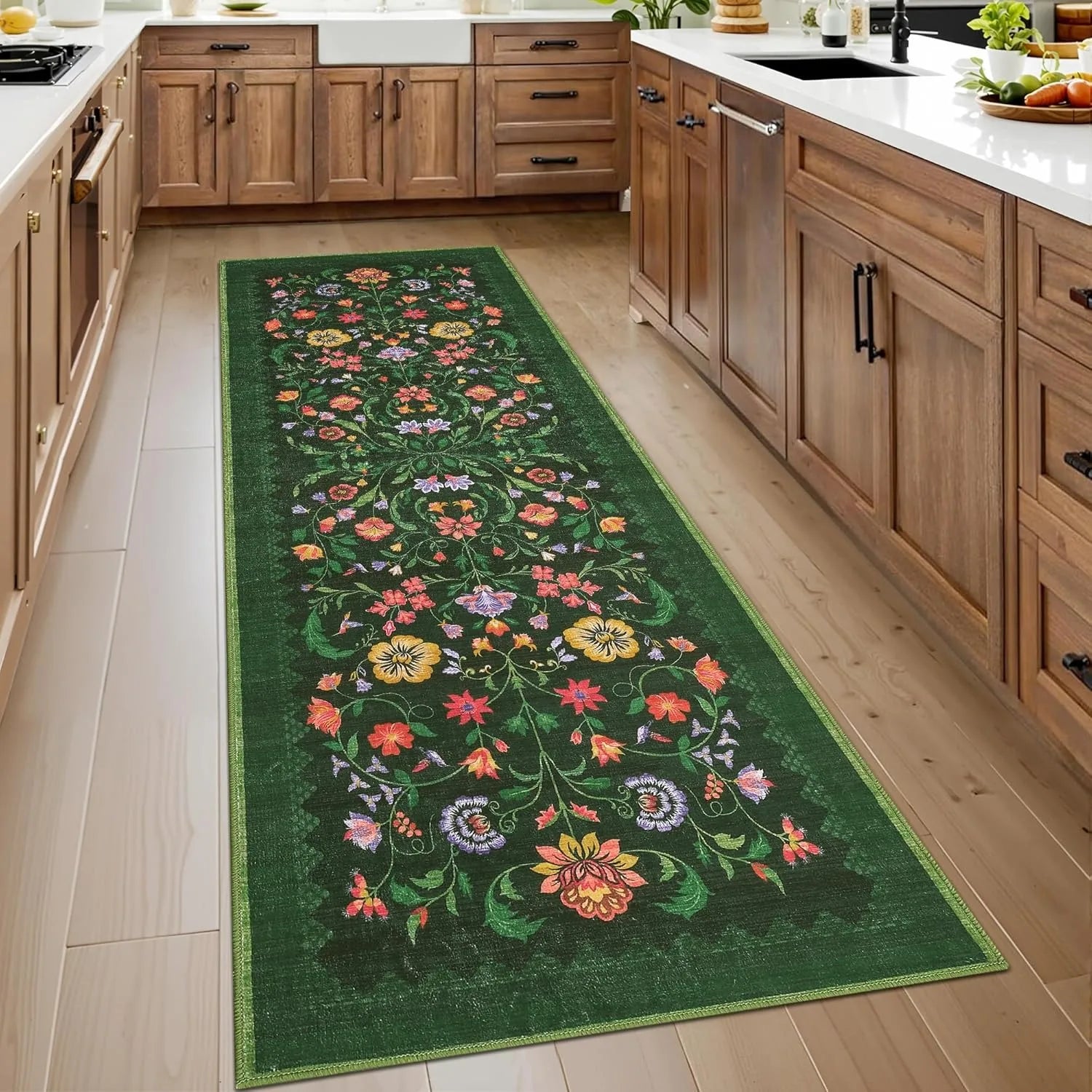 Navak Teppich Läufer für Flur, waschbar, Blumenmuster, langer Teppich, weicher, niedrigfloriger Weihnachtsdekor-Teppich, Schlafzimmer-Bodenmatte, rutschfeste Matten