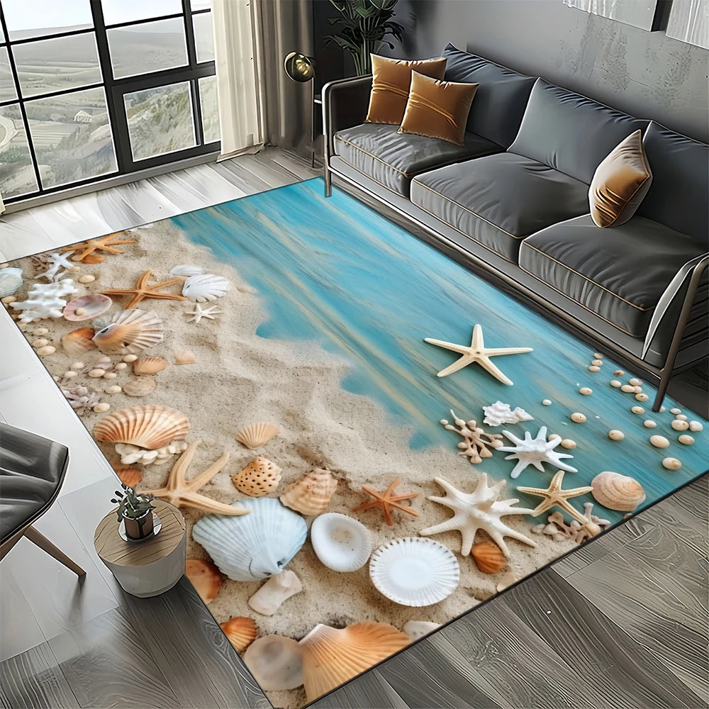 Navak Carpet 2025 Neuer Seestern-Strand-Muschel-Seestern-Sand-Teppich für Wohnzimmer, Schlafzimmer, Heimsofa-Dekoration, Kinderspiel-Rutschfeste Bodenmatte