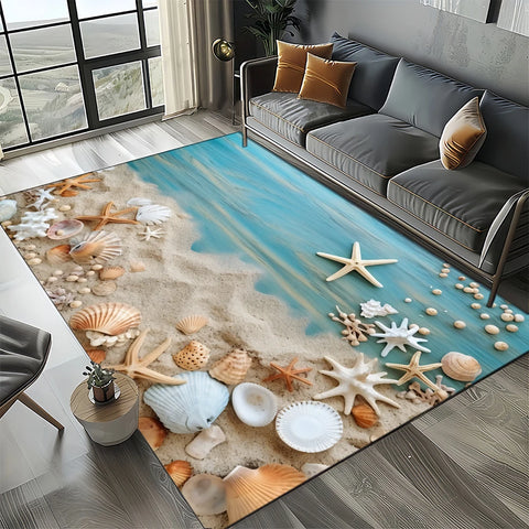 Navak Carpet 2025 Neuer Seestern-Strand-Muschel-Seestern-Sand-Teppich für Wohnzimmer, Schlafzimmer, Heimsofa-Dekoration, Kinderspiel-Rutschfeste Bodenmatte