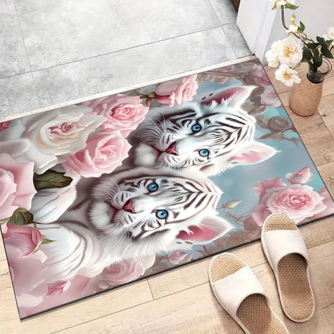 Navak Carpet 1 Stück Teppich mit weißem Tiger- und Rosenmuster – Polyester, rutschfest, maschinenwaschbar, bequeme Stuhlmatte für das Wohnzimmer,
