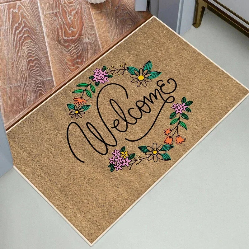Navak Carpet 1 Stück Fußmatte mit Blumenbuchstaben-Aufdruck „Willkommen“, rutschfester Badvorleger, farbecht, Bodenmatte für Küche und Garten, waschbar, Heimdekor-Teppiche