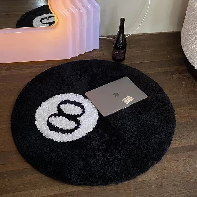 Navak Teppich, 1 Packung, schwarz, Billard, 8-Ball, rund, beflockter Boden, Schlafzimmer, rutschfeste Teppichmatte, Wohnzimmer, Plüsch, weicher Schlafzimmerteppich