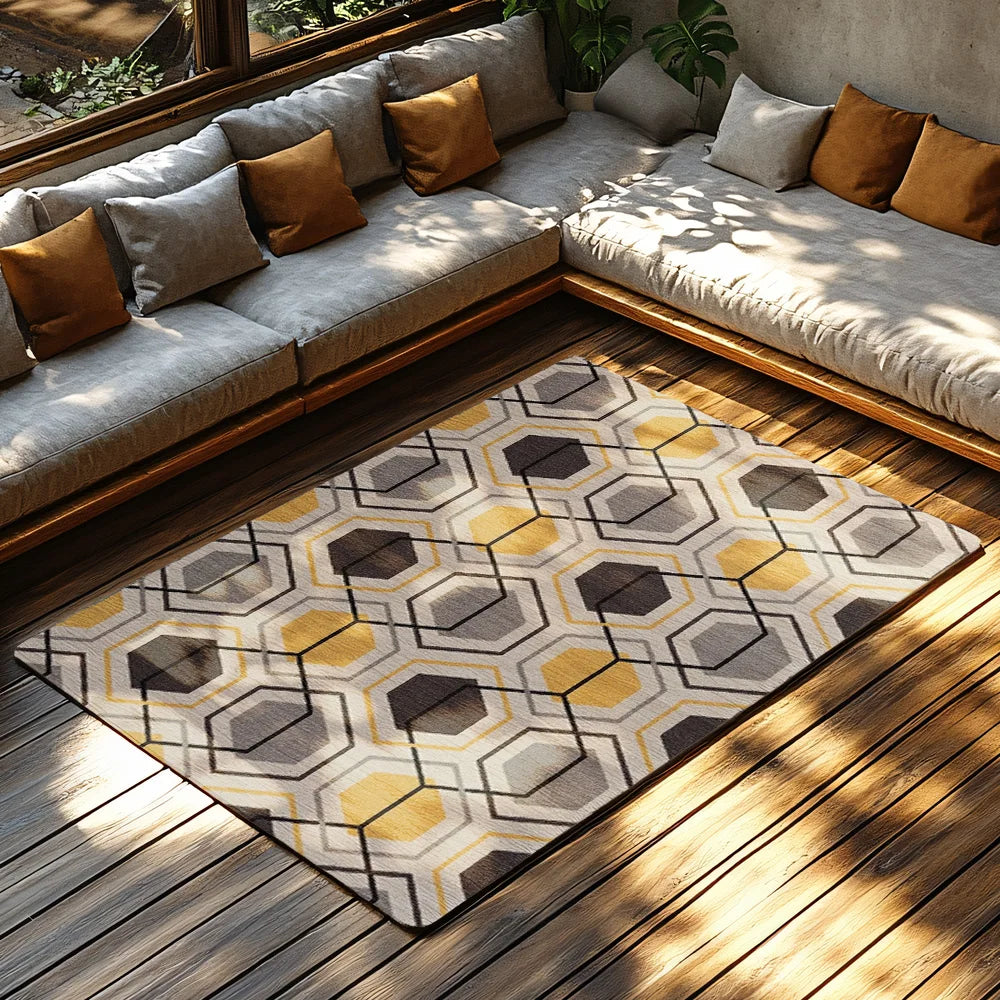 Navak Teppich, Gelb-Grau, Geometrischer Bohemian-Teppich, Modernes Muster, Rutschfester Teppich, Gemütliche Wohnzimmermatte für skandinavisches Dekor