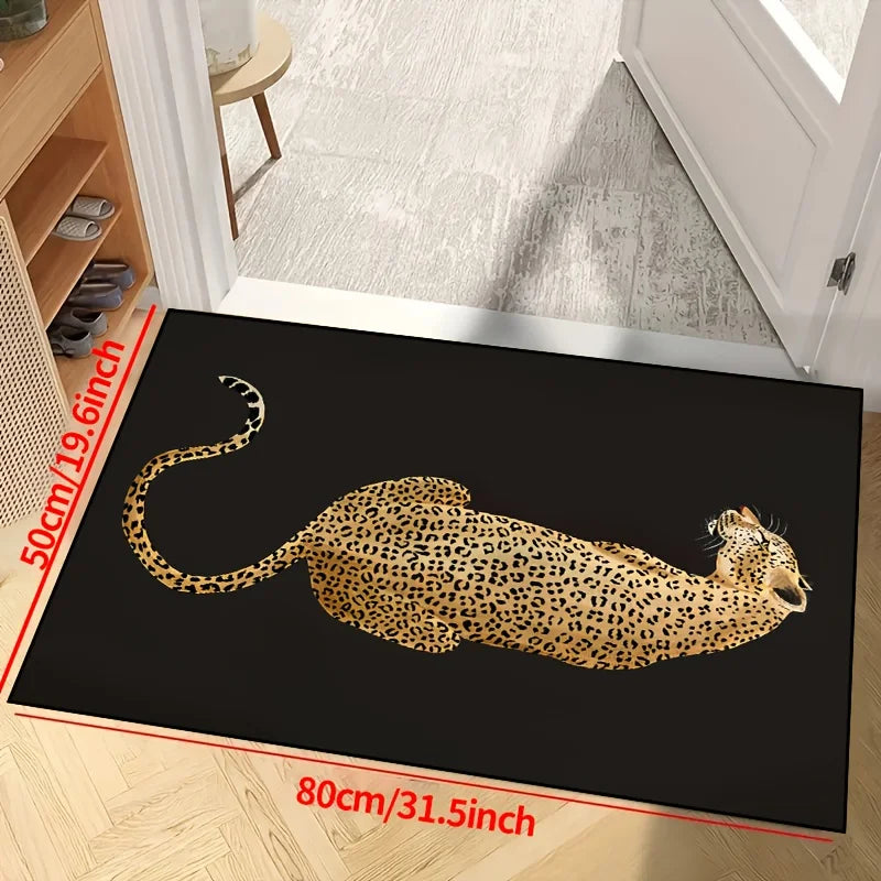 Navak Carpet 1-teilige Matte mit Leopardenmuster, maschinenwaschbar, dekorativer Teppich mit schwarzem Hintergrund und goldenem Leopardenmuster
