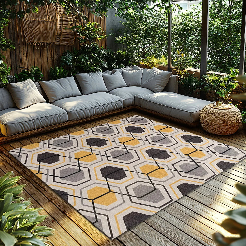 Navak Teppich, Gelb-Grau, Geometrischer Bohemian-Teppich, Modernes Muster, Rutschfester Teppich, Gemütliche Wohnzimmermatte für skandinavisches Dekor