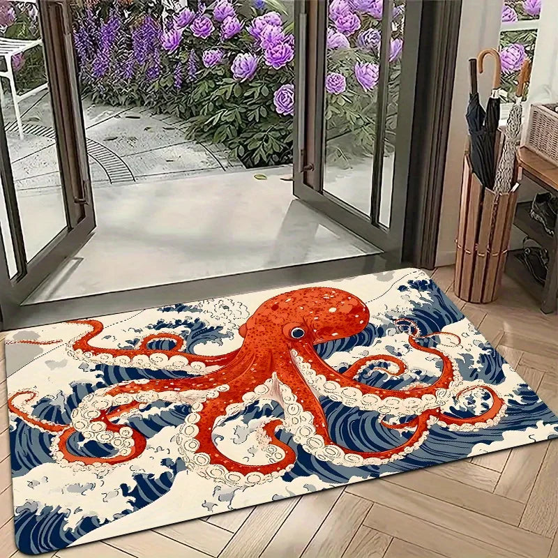 Navak Carpet Fußmatte im japanischen Stil mit rotem Oktopus-Wellenmuster – rutschfest, für Wohnzimmer, Badezimmer, Küche – Urlaubs- und Heimdekorationsgeschenk