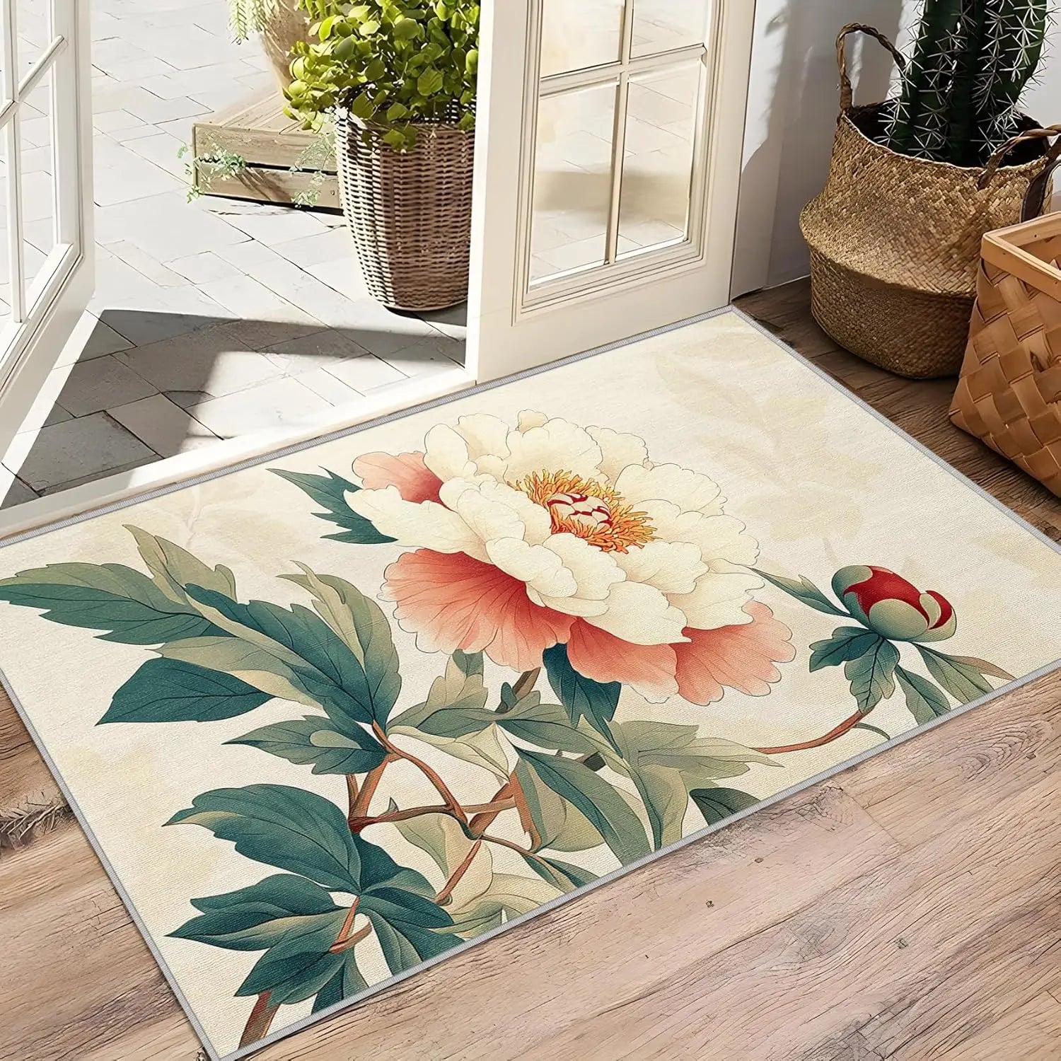 Navak Teppich Pfingstrosen-Blumenteppich, waschbar, Chinoiserie, floraler botanischer Bereichsteppich – Blumen-Orientalische Teppiche – Teppich im japanischen asiatischen Stil