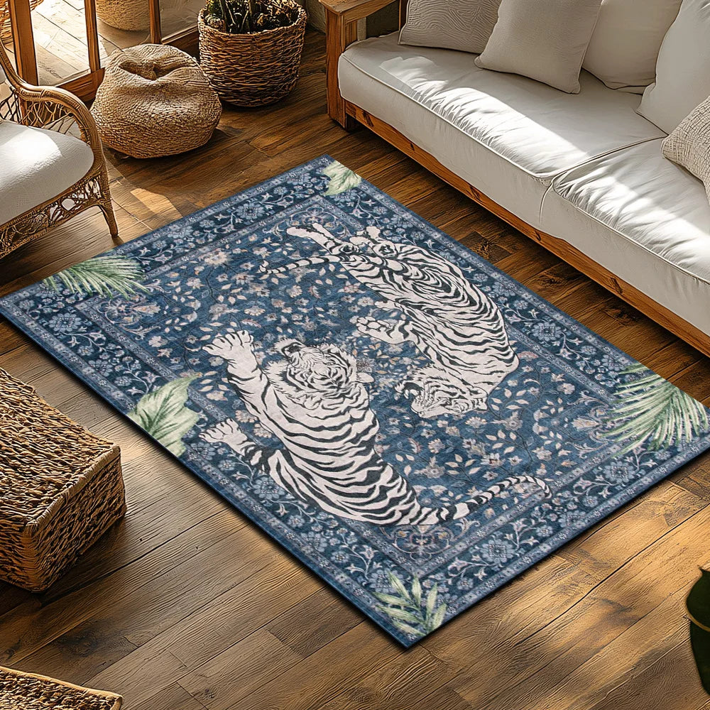 Navak Carpet Blauer Tigermuster-Boho-Teppich, Rutschfester Teppich mit Dschungelmotiv, Plüsch-Wohnzimmermatte für von der Natur inspiriertes Dekor