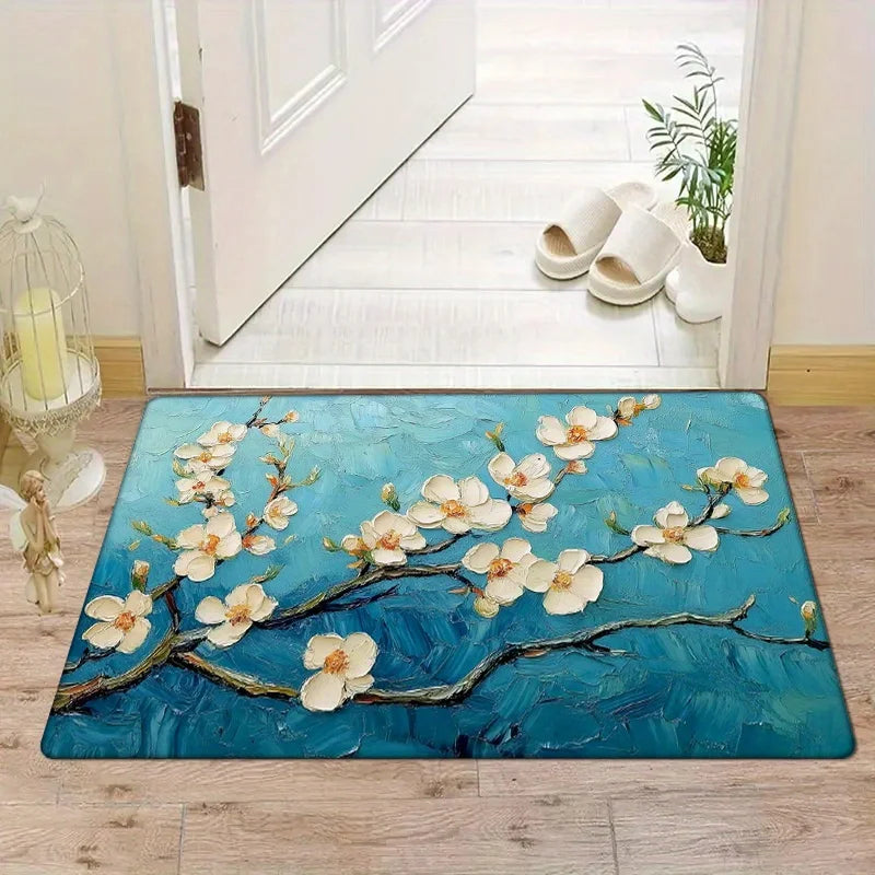 Navak Carpet 1 Stück Fußmatte mit blauem Blumenzweig, Polyestergewebe, maschinenwaschbar, geeignet für Wohnzimmer, Schlafzimmer, Küche, Heimdekoration