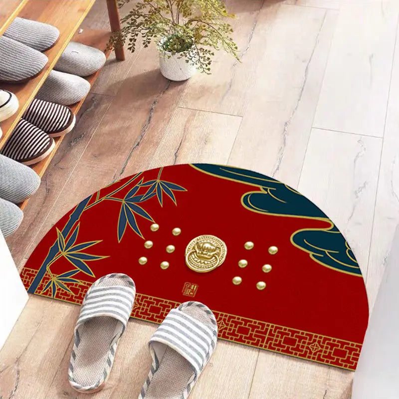 Navak Teppich Chinesische halbrunde Fußmatten im japanischen Stil mit Kranich-Aufdruck, rutschfeste Fußmatten für den Eingang, Balkonteppich, Flur, Veranda