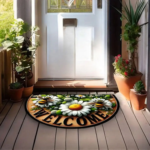 Navak Carpet Hochwertige, rutschfeste, halbrunde Fußmatte mit Boho-Blumenmotiv, Willkommensteppich, saugfähig, waschbar, Eingangsmatte für drinnen und draußen