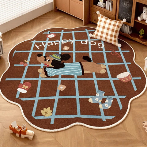 Navak Carpet Retro Brown Living Room Decoration Round Carpet Cartoon Style Rugs for Bedroom Anti-slip Lounge Floor Mat Washable Home Soft Rug