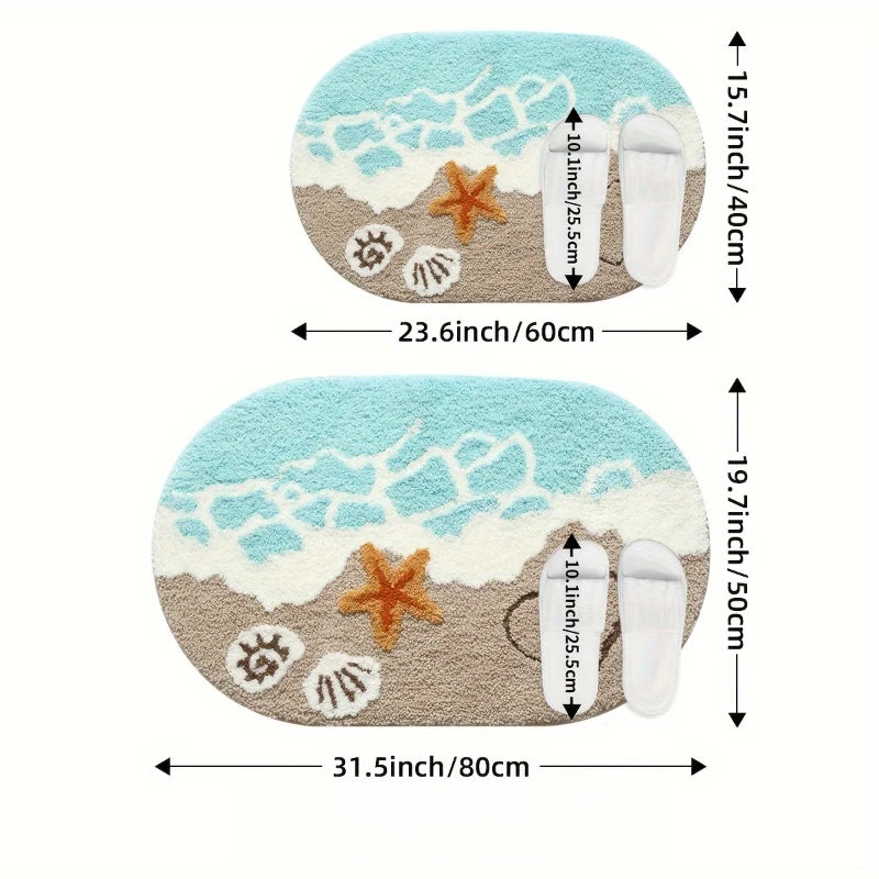 Navak Carpet 1 Stück Plüsch-Badezimmerteppich aus Kunstkaschmir – ovale Bodenmatte mit Ozeanmotiv und Strand-Seestern- und Herz-Design, Teppiche fürs Badezimmer, Themendekor