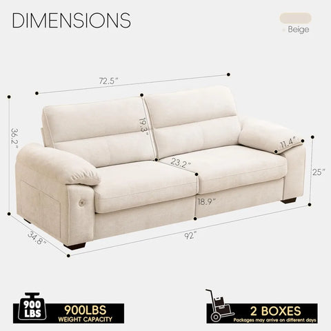Navak Carpet 92" Modernes Sofa für das Wohnzimmer, tiefe Sitzfläche aus Chenille mit Schnellladeanschluss und abnehmbaren, waschbaren Kissen, Kissen-Armlehne
