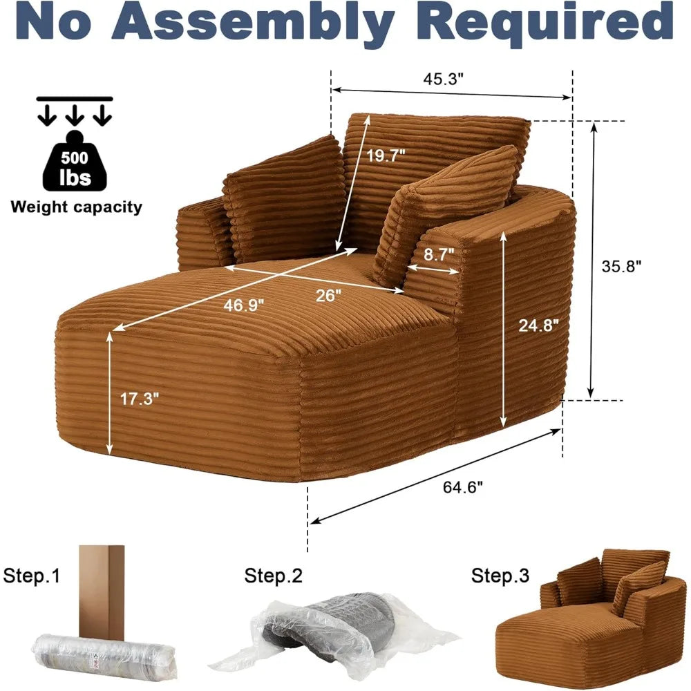 Navak Carpet „65“ Cord-Sofa ohne Knochen – luxuriöse, übergroße Chaiselongue mit tiefer Sitzfläche, Lese-/Schlafsessel für das Wohnzimmer