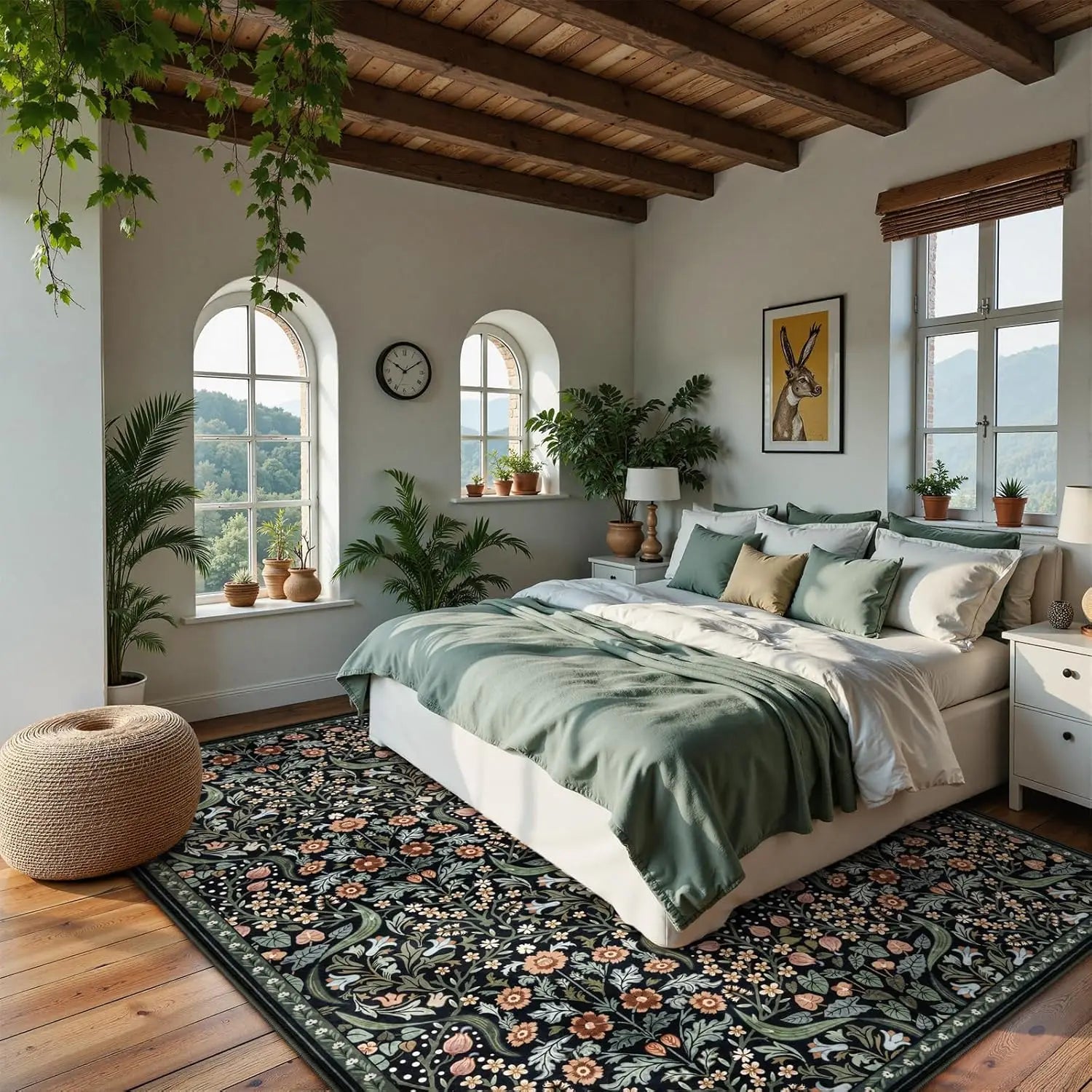 Navak Carpet Florale waschbare Teppiche, weicher großer Boho-Schlafzimmerteppich, botanischer rutschfester ultradünner Bodenteppich für Esszimmer, Kinderzimmer, Büro