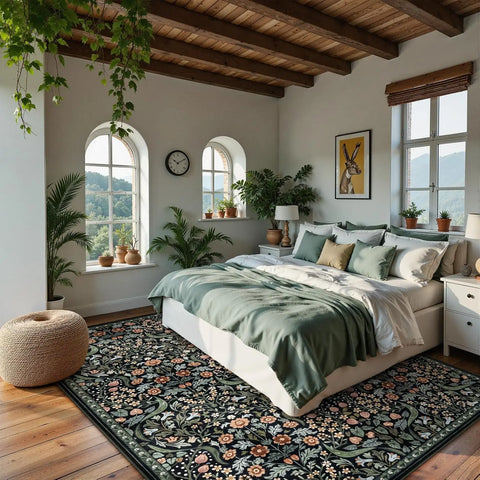 Navak Carpet Florale waschbare Teppiche, weicher großer Boho-Schlafzimmerteppich, botanischer rutschfester ultradünner Bodenteppich für Esszimmer, Kinderzimmer, Büro