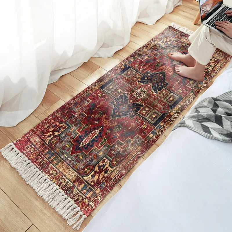 Navak Carpet Vintage American Persian Ethnic Style Red Handmade Knotted Tassel Homestay Polyester Cotton Linen Carpet Floor Mat