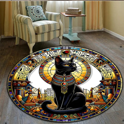 Navak Carpet Ein runder, leicht zu reinigender Teppich mit ägyptischem Bastet-Katzen-Design, geeignet für Wohnräume, Schlafzimmer, Wohnzimmer, Kit