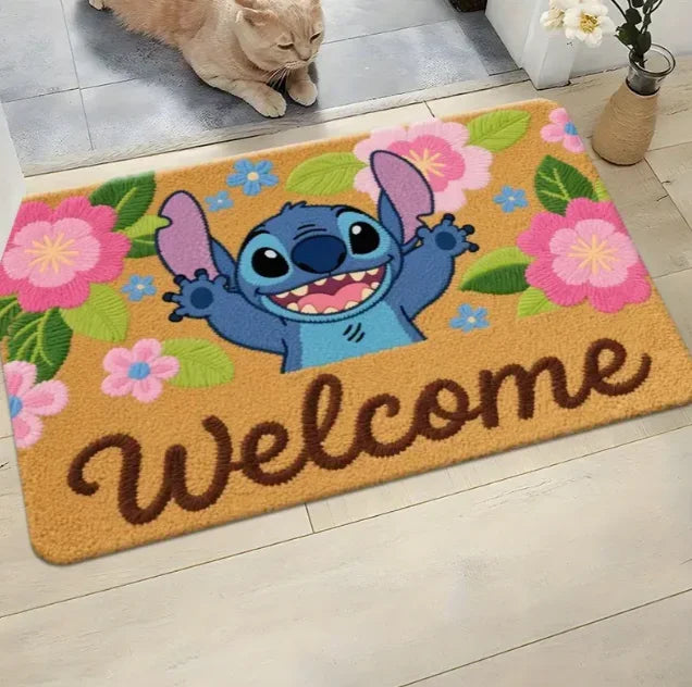 Navak Carpet 1 Stück Stitch The Movie Willkommens-Fußmatte, rutschfest, lebendiges Blumendesign, maschinenwaschbar, leicht zu reinigen, Heimdekoration, Kinderteppich