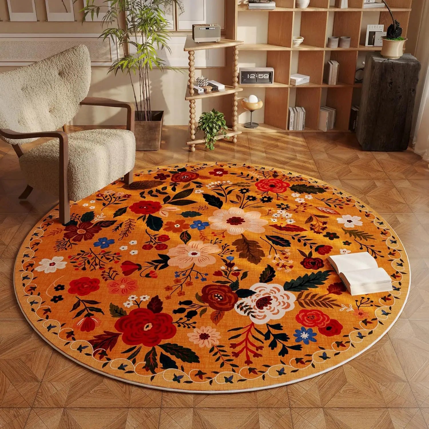 Navak Teppich, Blumenmuster, Teppiche für Schlafzimmer, Zuhause, flauschiger, weicher Teppich, Retro, rund, Wohnzimmer-Dekoration, Teppich, dicke, rutschfeste Bodenmatte für das Bett