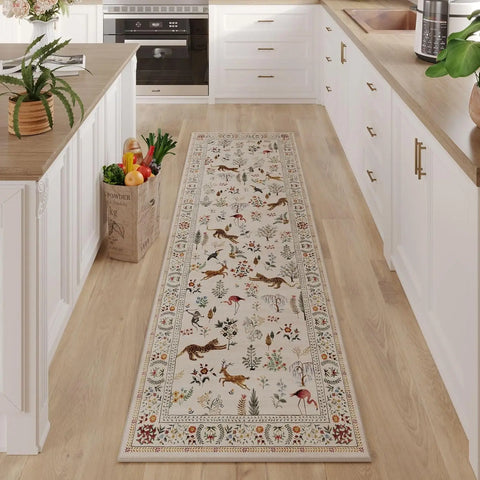 Navak Carpet Exclusive Picks Läuferteppich für die Küche, rutschfest, waschbar, mit Gummirückseite, weicher Teppichläufer mit Blumenmuster und Tiermotiven für die Küche, Heimdekoration