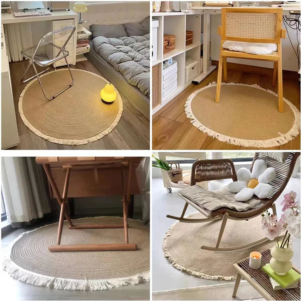 Navak Teppich Nordische Baumwollseilquaste Runde Matte Handgewebt Wohnzimmer Schlafzimmer Balkon Dekorativer Teppich Rutschfeste Couchtischmatte