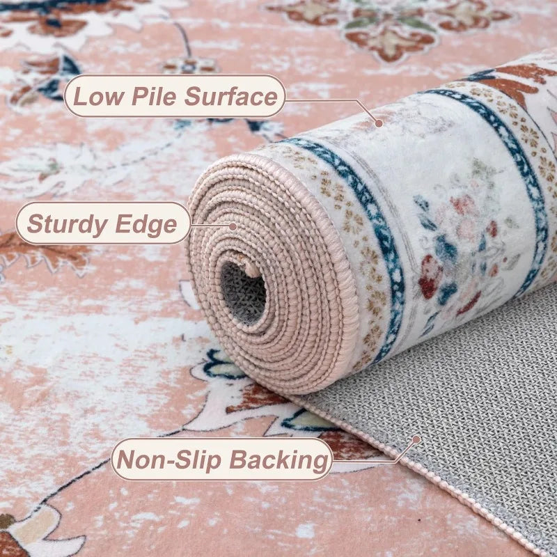 Navak Carpet Pink Vintage Living Room Carpet Bohemian Style Light Luxury Bedroom Rug Large Area Machine Washable Non-slip Coffee Table Mat 러그