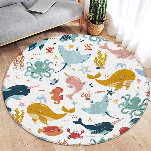 Navak Teppich, Cartoon-Design, rund, für Ozean, Fisch, Delfin, Seestern, niedlich, Hirsch, Löwe, Elefant, Tiger, Kinder-Schlafzimmermatte, Heimdekoration, Wohnzimmer, Bodenteppich