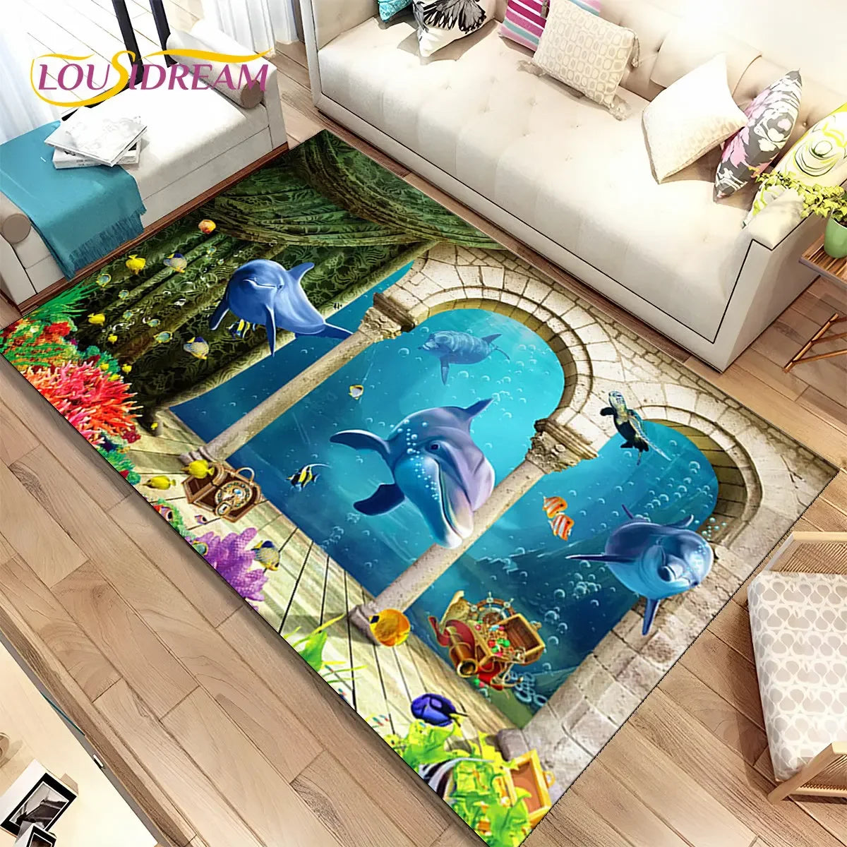 Navak Teppich, 3D-Illusion, Meeresboden, Unterwasserwelt, Delfin, Hai, Teppich für Wohnzimmer, Schlafzimmer, Sofa, Fußmatte, rutschfeste Bodenmatte