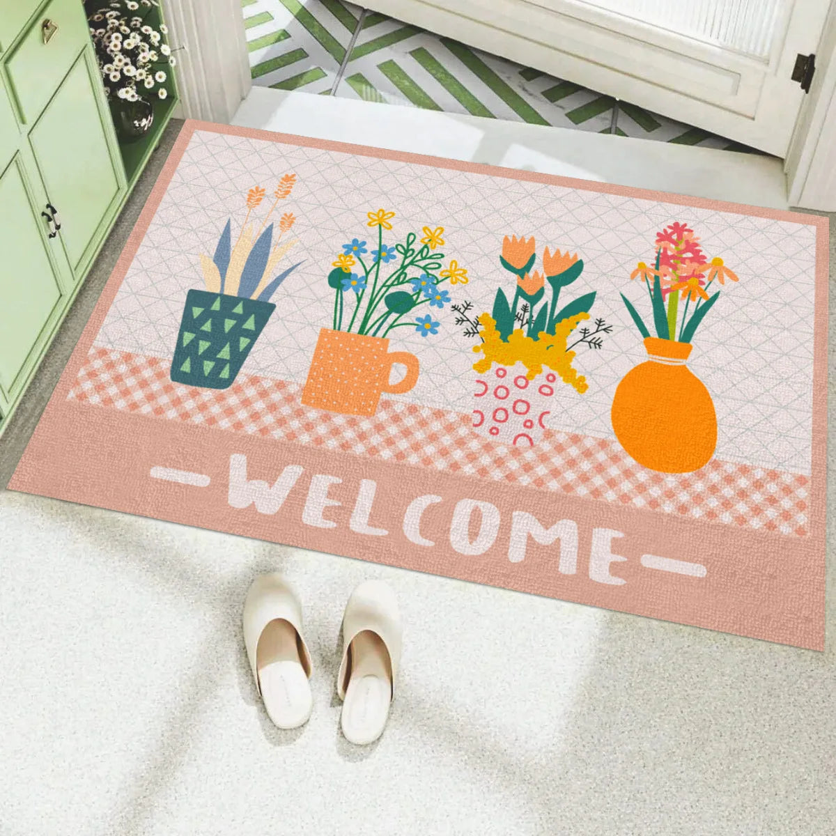 Navak Carpet Creative Small Fresh Cactus Plant Print Willkommens-Fußmatte, quadratisch, zuschneidbar, flauschiger Teppich, rutschfeste Eingangsmatte für die Inneneinrichtung