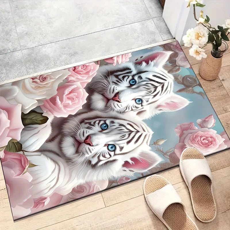Navak Carpet 1 Stück Teppich mit weißem Tiger- und Rosenmuster – Polyester, rutschfest, maschinenwaschbar, bequeme Stuhlmatte für das Wohnzimmer,