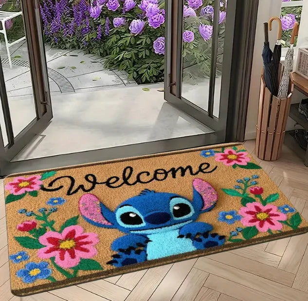 Navak Carpet 1 Stück Stitch The Movie Willkommens-Fußmatte, rutschfest, lebendiges Blumendesign, maschinenwaschbar, leicht zu reinigen, Heimdekoration, Kinderteppich