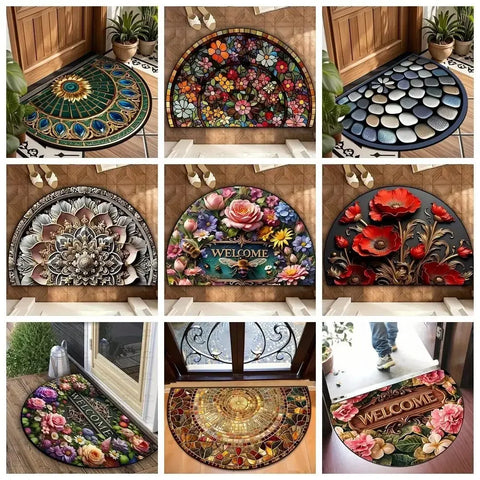 Navak Carpet Rutschfeste, halbrunde Fußmatte mit Blumenmuster, saugfähig, Willkommensteppich, waschbar, Fußmatte, Eingangsmatte für drinnen und draußen