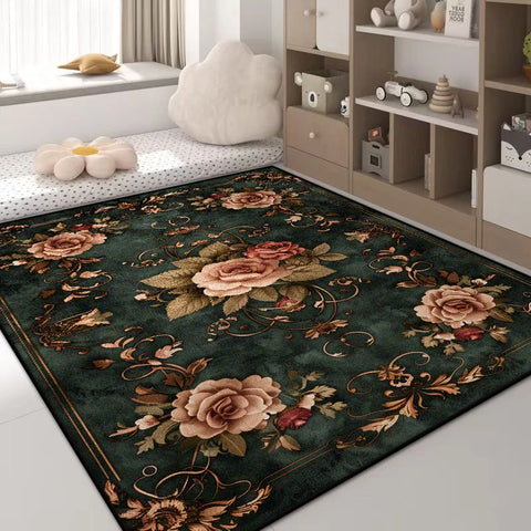 Navak Carpet Luxuriöser Teppich mit grünen Blumen – Rutschfester großer Wohnzimmerteppich, goldener Rand, waschbare weiche Matte für die Heimdekoration im Schlafzimmer