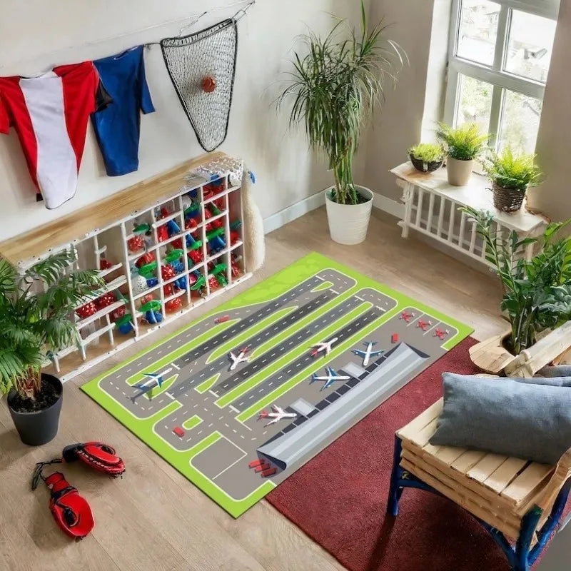 Navak Teppich, Kinderspielbereich, Teppiche, Flughafenlandebahnen, Draufsicht, Flugzeuge und Flugzeugankünfte, Teppich, Kinderzimmer, Spielzimmer, Kinderzimmer, 3D-Dekor