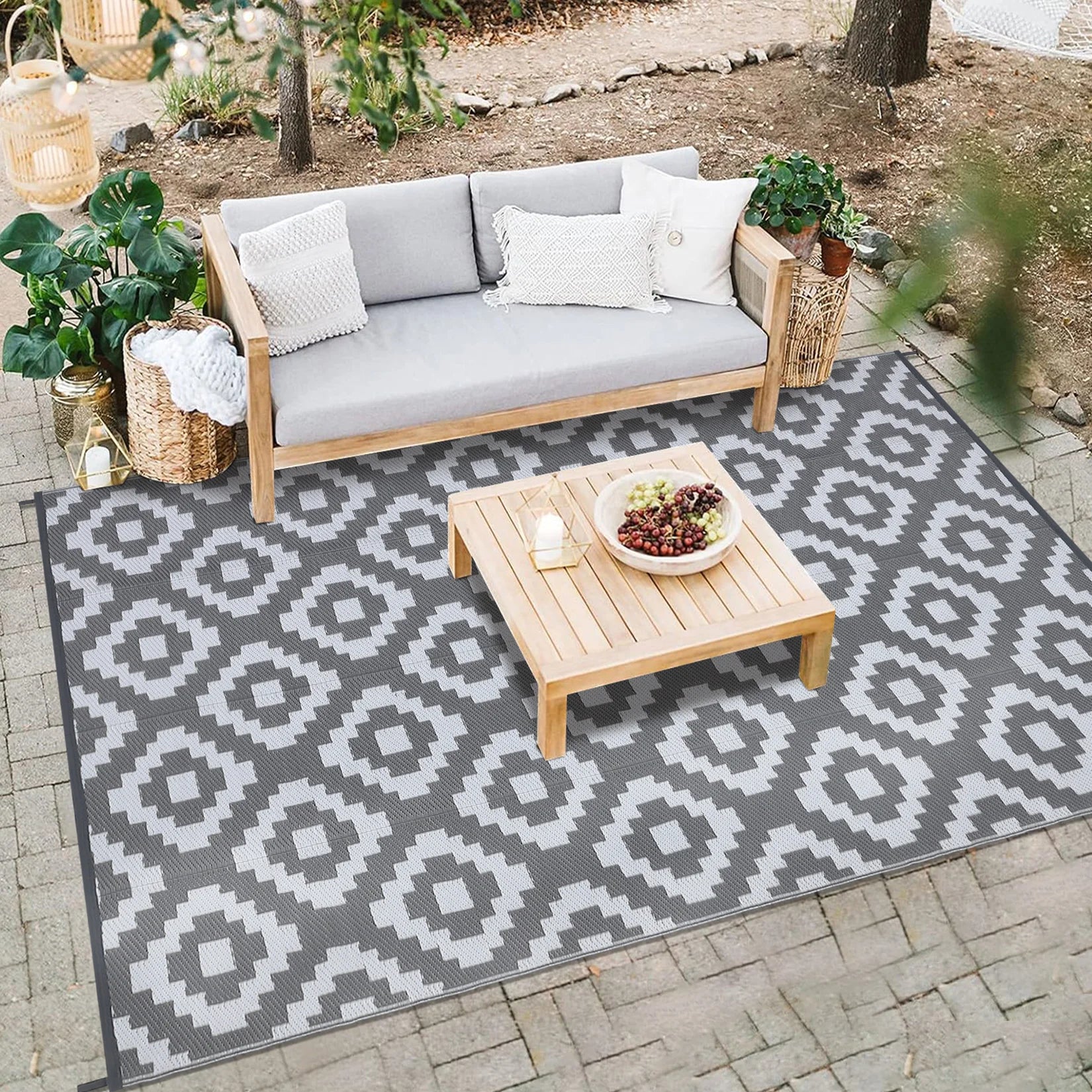 Navak Teppich, Outdoor-Teppich, Kunststoff-Strohteppich, moderner geometrischer wasserdichter Teppich, wendbare Outdoor-Bodenmatte für Terrasse, Veranda, Hinterhof, Picknick, Campi