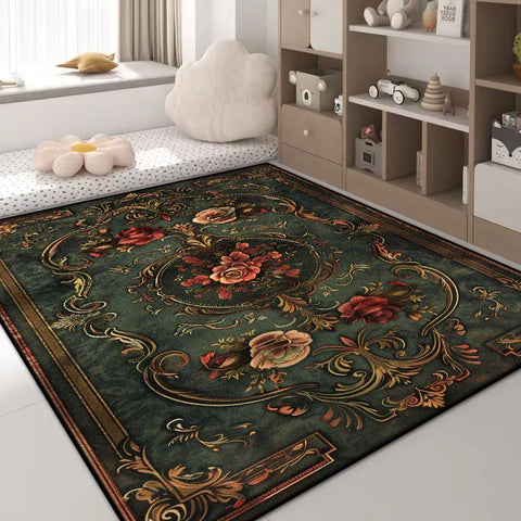 Navak Carpet Luxuriöser Teppich mit grünen Blumen – Rutschfester großer Wohnzimmerteppich, goldener Rand, waschbare weiche Matte für die Heimdekoration im Schlafzimmer