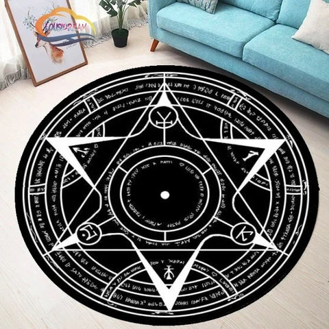 Navak Teppich Pentagramm Sonne gemusterter runder Teppich, Satan Devil's Trap Teppich, Weiß auf Schwarz Supernatural Runen Teppich