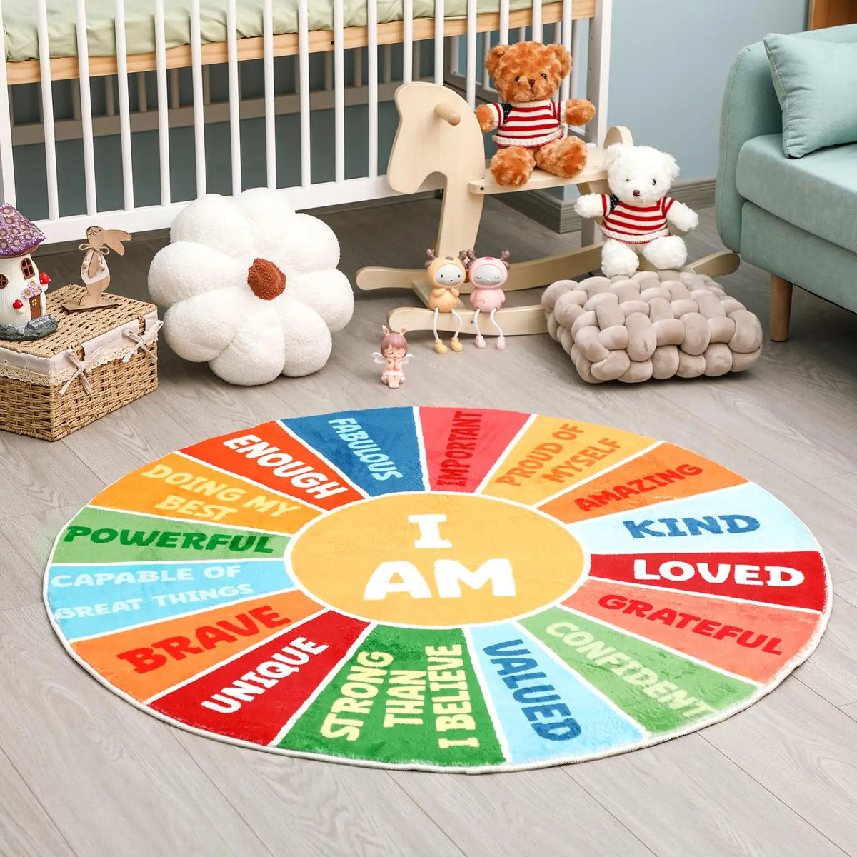 Navak Carpet Exclusive Picks – Beruhigende Ecke, Boho-Stil, rund, für den Schulanfang, Teppich mit positiven Worten, waschbar, pädagogischer Teppich, Dekoration für das Klassenzimmer