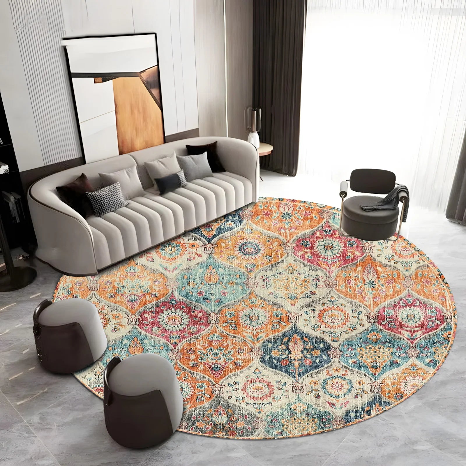 Navak Carpet Moroccan Trellis Washable Large Round Carpet Living Room Area Rugs Vintage Bedroom Sofa Coffee Table Kids Anti-slip floor Mats