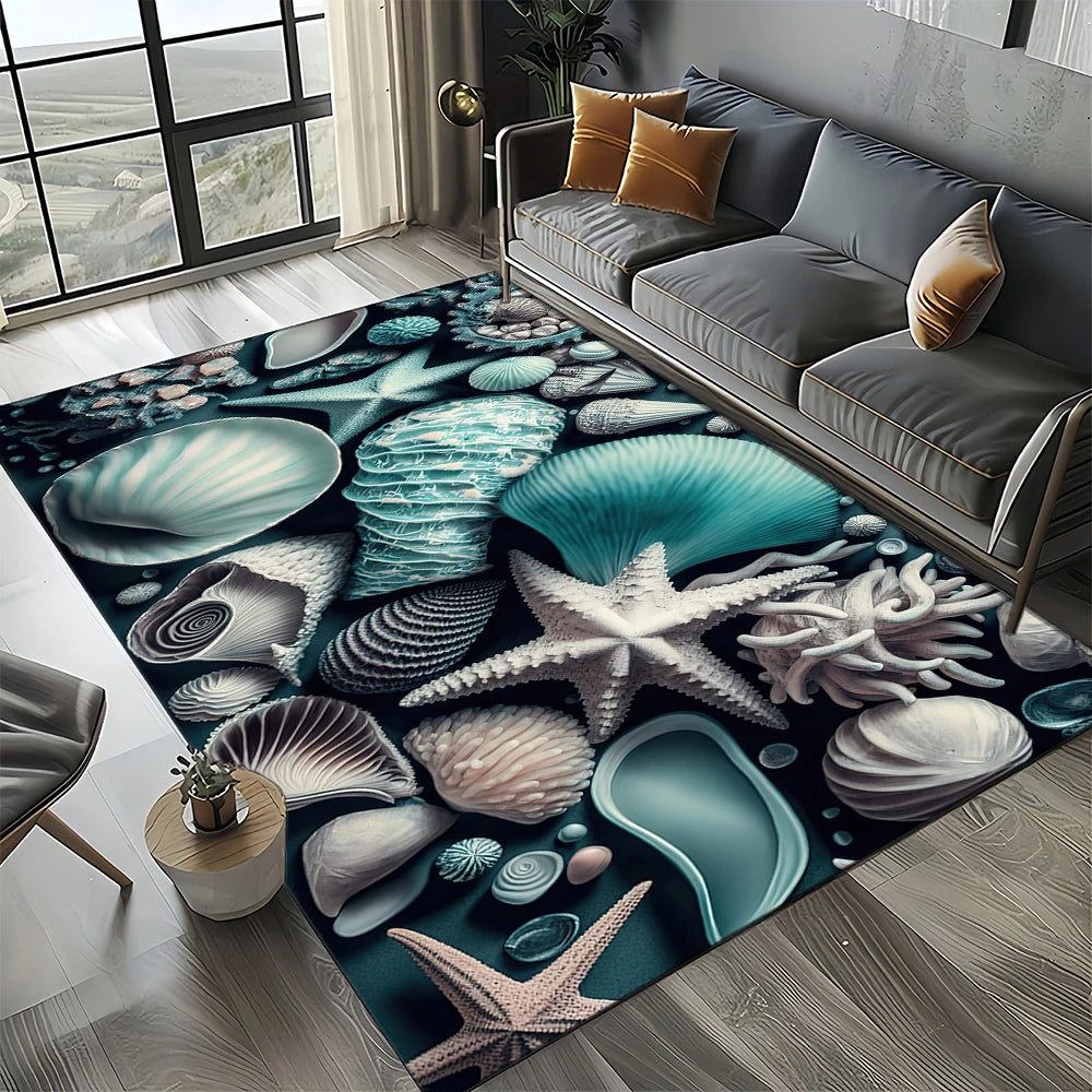 Navak Carpet 2025 Neuer Seestern-Strand-Muschel-Seestern-Sand-Teppich für Wohnzimmer, Schlafzimmer, Heimsofa-Dekoration, Kinderspiel-Rutschfeste Bodenmatte