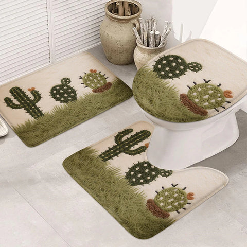 Navak Carpet 3-teilige Badezimmermatte mit Kaktus-Aufdruck, 7 mm, weiche Bodenmatte, Wohnzimmerteppich, rutschfeste Balkonmatte, maschinenwaschbar