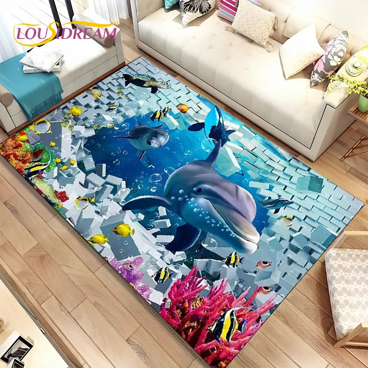 Navak Teppich, 3D-Illusion, Meeresboden, Unterwasserwelt, Delfin, Hai, Teppich für Wohnzimmer, Schlafzimmer, Sofa, Fußmatte, rutschfeste Bodenmatte