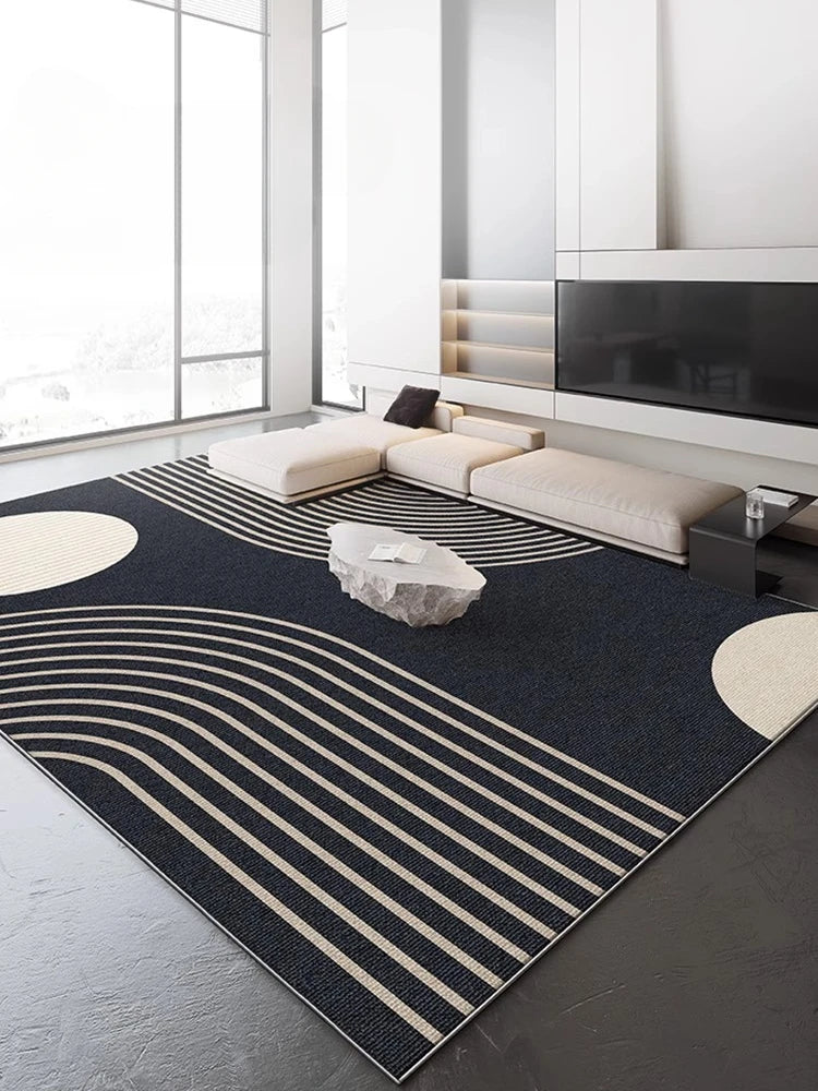 Navak Teppich, dunkelblau-cremefarben, gestreifter Teppich, moderne geometrische dekorative Teppiche, leicht zu reinigen, Kunstlinien, Wohnzimmerteppiche, bequemer Schlafzimmerteppich