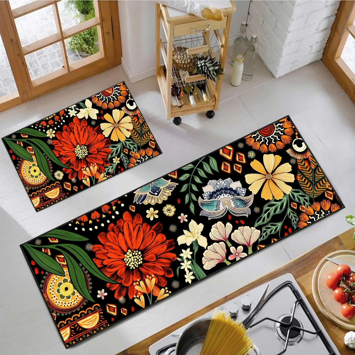 Navak Carpet Exclusive Picks 2-teiliges Sommerblumen-Teppichset, Heimdekoration, rutschfeste, schmutzabweisende und waschbare Bodenmatte, Badezimmerteppich für den Innenbereich