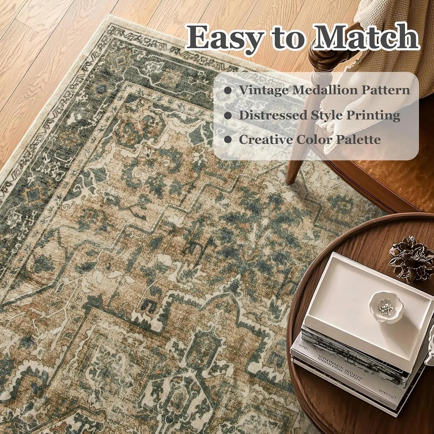 Navak Carpet Crystal velvet carpetVintage DistressedArea Rugs for Living Room Bedroom Non Slip Washable, Medallion Pattern Printed Low