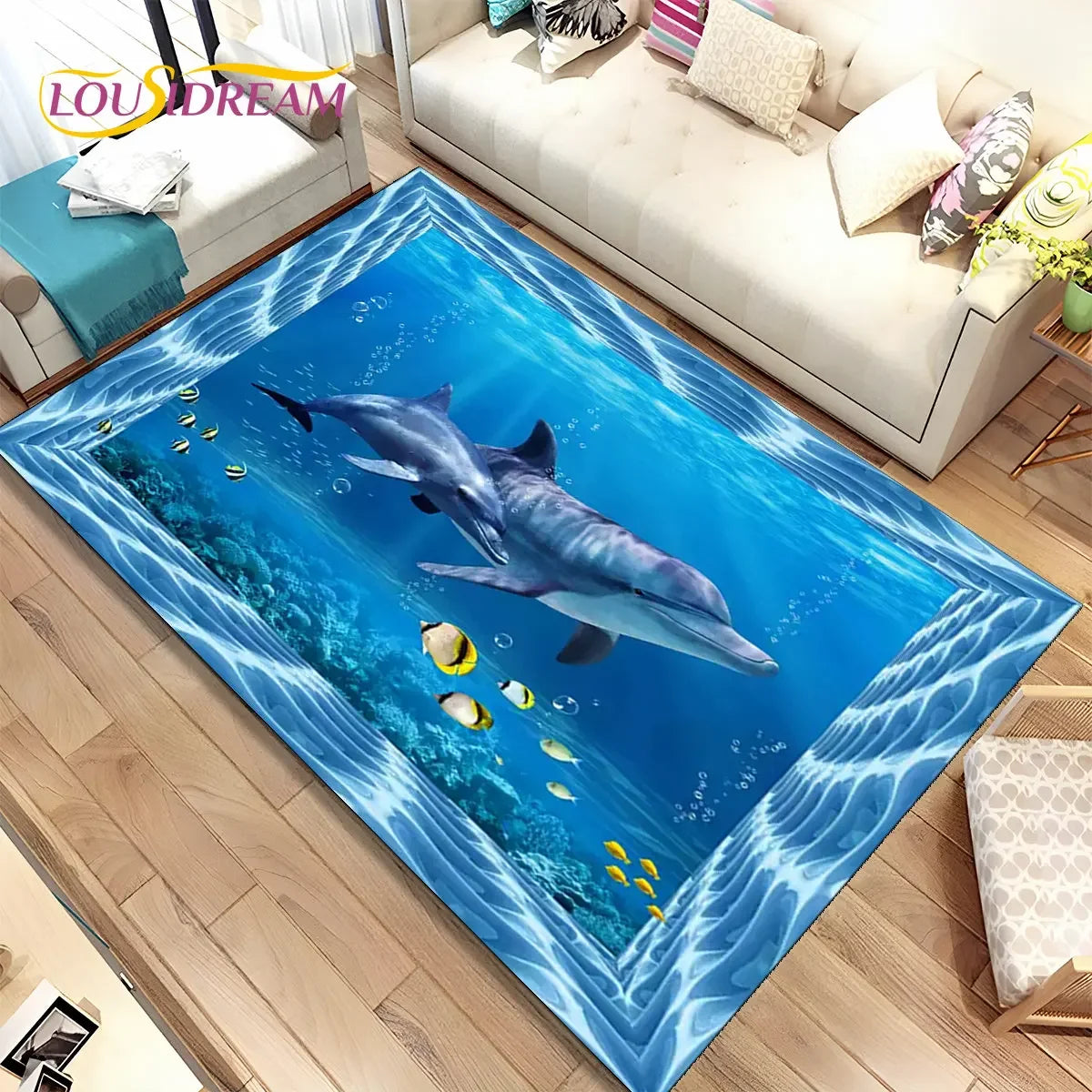 Navak Teppich, 3D-Illusion, Meeresboden, Unterwasserwelt, Delfin, Hai, Teppich für Wohnzimmer, Schlafzimmer, Sofa, Fußmatte, rutschfeste Bodenmatte